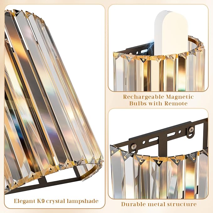 Black and Gold Battery Operated Wall Sconces Set of 2, Crystal Wireless Wall Lights with Remote, Rechargeable Cordless Wall Lamps 12 RGB and 3 CCT Dimmable Decor for Bedroom Living Room