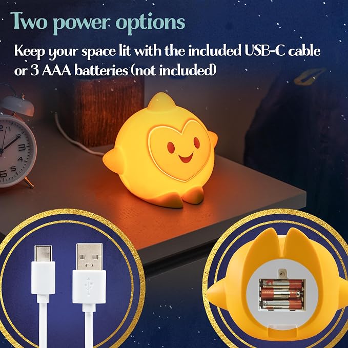 Disney Squish'ems Wish Star Night Light for Kids, Soft Silicone | Dimmable Kids Bedside Lamp, Light for Kids Room, Bedroom, and Playroom, USB Powered with AAA Battery Option