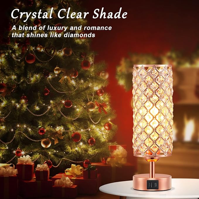 Pink Crystal Table Lamp, 3 Way Dimmable Touch Lamps for Night Stands | Rose Gold, Touch Control, USB C+A Charging Port, Desk Lamps for girls Bedroom, Living Room, Home Office, Room Decor