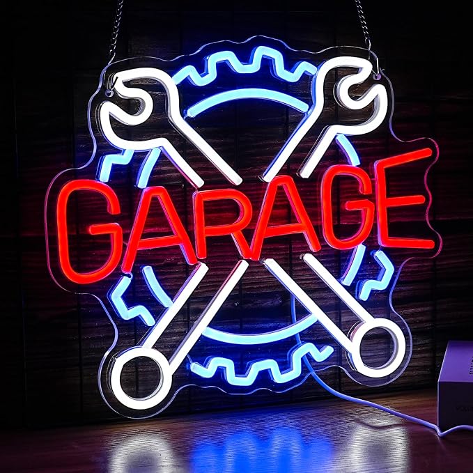 Garage Neon Sign Gear Wrench LED Light Up Sign for Wall Decor USB Check Engine Neon Light for Car Repair Shop Man Cave Gift for Dad Boys(12.6 * 14.5 In)