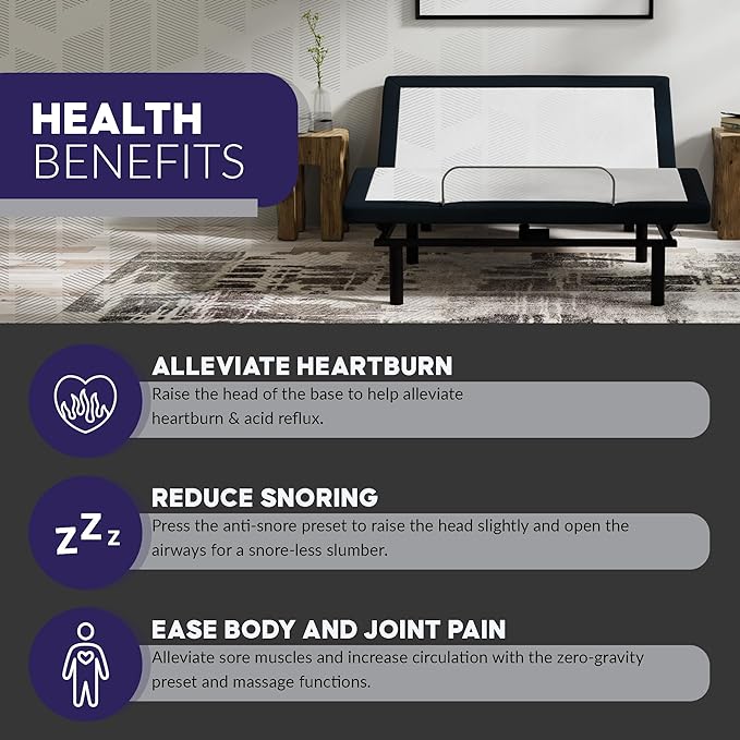 Blissful Nights e4 Split Top Flex Top King Adjustable Bed Base Frame, Massage, Anti-Snore, USB, Nightlight, Wireless Remote Head & Foot Incline, and 10-Year Warranty