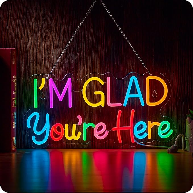 I’m Glad You’re Here Neon Sign, Positive Affirmation LED Light for Wall Decor Multicolored Light Up Signs for Classroom Kindergarten Wedding Party Store Home, Compatible with Timer