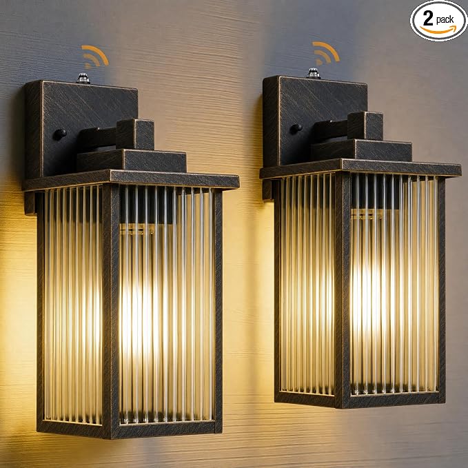 2-Pack 13-Inch Dusk to Dawn Outdoor Light, Black Brush Gold Metal | Auto On at Dusk, Off at Dawn. Textured Glass Softens Glare. Waterproof Rust-Resistant Metal. Pre-Assembled DIY Install