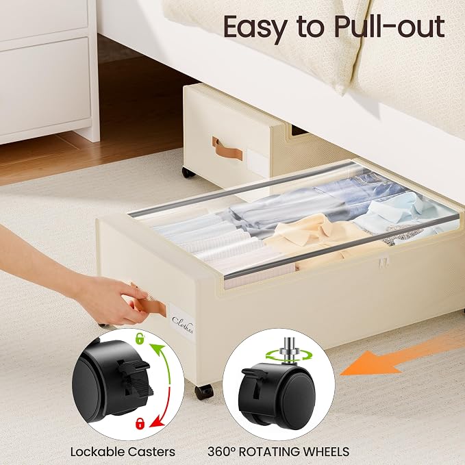 Yecaye 95L Under Bed Storage Containers, Fits 11" Under Bed, 2 Pack, Beige | XXL Capacity, 360° Rolling Wheels, Sturdy Metal Frame, Clear Window & Label, Storage Bins for Clothes, Shoes, Blankets