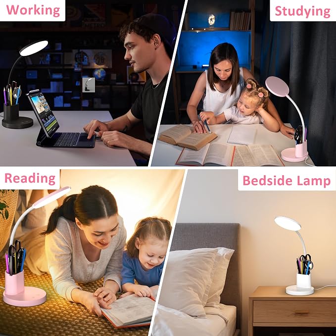 LED Desk Lamp for College Dorm with Pen Phone Holder, Pink | 3 Color Modes Dimmable Desk Light, College Dorm Essentials, 360° Adjustable Arm, Eye-caring Bedside Reading Lamp, 800 Lumen