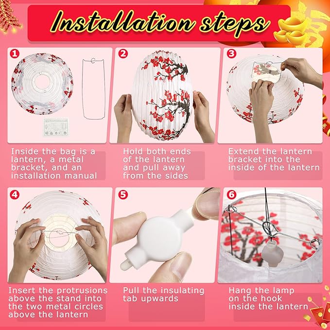 Tuanse 30 Pcs Chinese Japanese Paper Lanterns with LED Light, 2026 Chinese Lunar New Year Decoration Cherry Blossom Red Hanging Lanterns for Spring Festival Home Decor(12 Inch,Red, White)