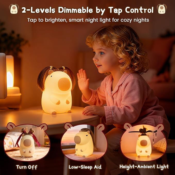 FAMIDUO Cute Capybara Night Light, DIY Hairstyle & Squishy Silicone Lamp | Rechargeable Tap-Control Bedside Lamp,Soft Squishy Silicone Nursery Light for Boys & Girls,Cute Room Decor,Funny Xmas Gift