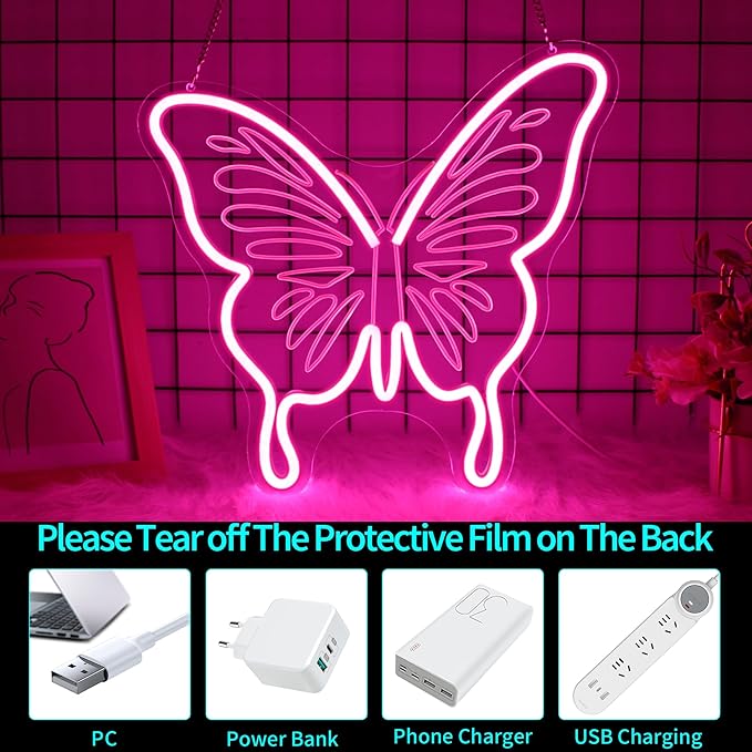 Butterfly Neon Sign, JGHTURIE Pink Neon Signs for Wall Decor Engraved LED Light Up Sign Room Decor for Club Party Bar Signs Decoration USB Powered