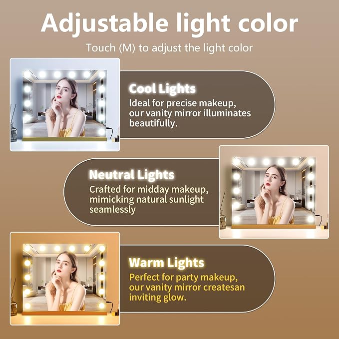 Vanity Mirror with Lights 19.7''x16.6'' Makeup Mirror with Lights Lighted Up Mirror with Dimmable LED Bulbs,3 Color Lighting Modes,USB Charging Port Touch Control,Sturdy Metal Frame Design,Gold