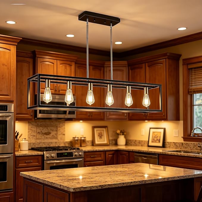 Rectangle Chandeliers Kitchen Light Fixtures Farmhouse Dining Room Light for Dining Rooms,Black&Brushed Brass Light Fixture Matte 6-Light Industrial Pendant Lighting