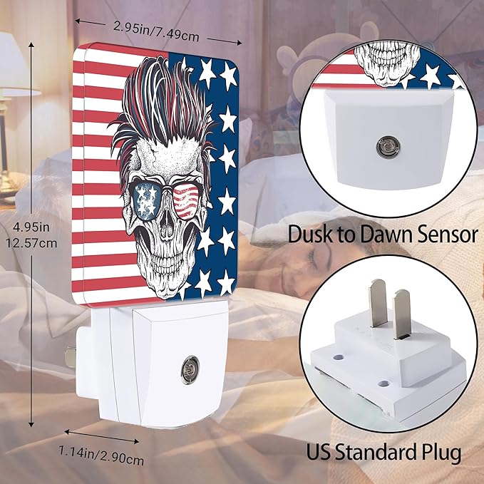 Abstract USA Flag Night Light, Hippe Skull Plug into Wall with Dusk to Dawn Light Sensors, Warm Nightlights for Bedroom, Bathroom, Hallway, Kitchen, Gifts Ideal for Boys Girls Women Men
