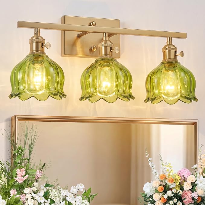 3-Light Vintage Bathroom Vanity Light, 19.4" Brass Hardwired Wall Sconce with Amber Tulip Glass Shades, Brushed Gold Vanity Light for Mirror, Restroom, Bedroom (Green, 3-Light)