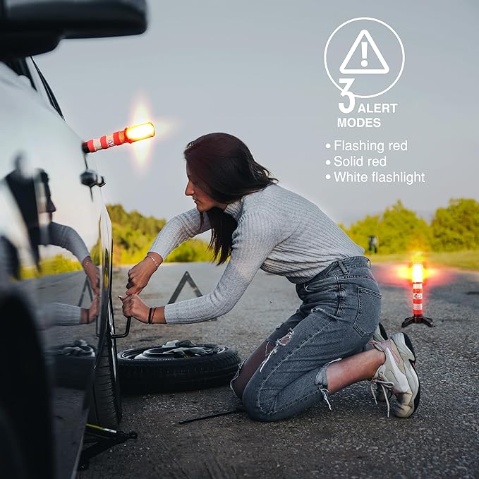 XTREME STP LED Road Flares, 3 Alert Lighting Modes: Flashing Red, Solid Red & White Flashlight, Emergency Flares for Vehicles, Visible From Up To A Mile, Foldable Stand/Built-In Magnet Sticks To Car