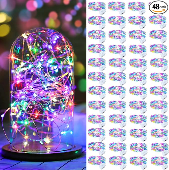 AIKEI 48 Pack LED Fairy Lights Battery Operated, Mini String Lights Waterproof 7 Feet 20 Led Firefly Starry Lighting for Wedding Party Bedroom Garden Halloween Christmas Decoration Colorful