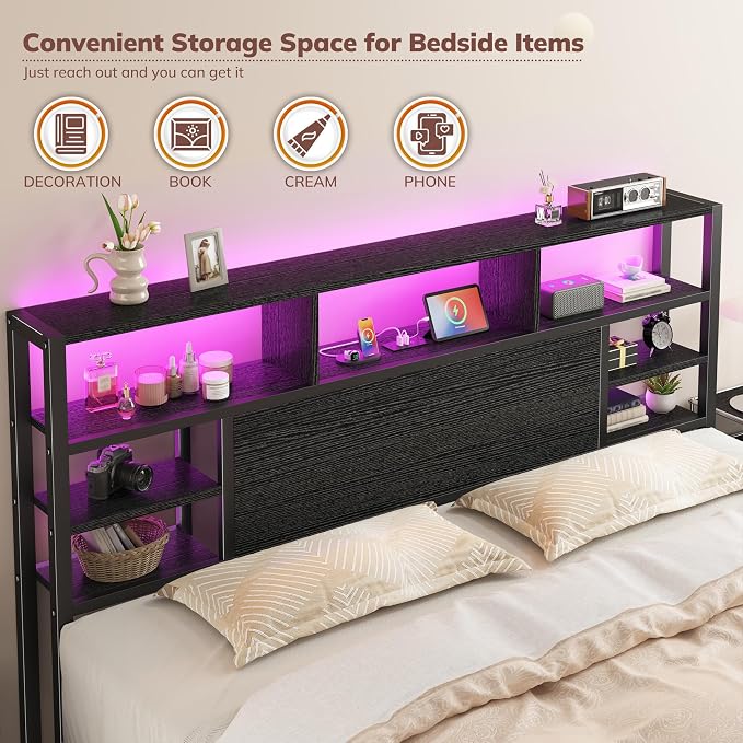 Homkdom King Bed Frame with Storage Headboard and Charging Station, Black | LED Lights,12.2" Under-Bed Storage,Supports up to 1100 LBS,No Box Spring Needed,Noise-Free,Easy Assembly