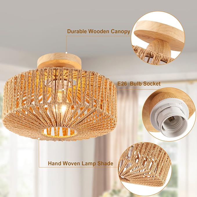 Boho Rattan Ceiling Light - Flush Mount Mini Chandelier Woven Light Fixture for Bedroom, Hallway, Entryway, Bathroom, Nursery