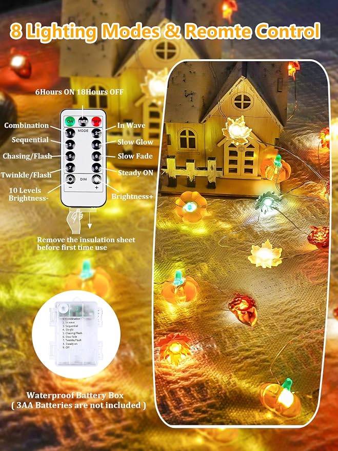 Fall Decor 3D Pumpkin Acorn Maple Leaf Fairy Lights Battery Operated Remote | 10FT 30 LED, 8 Modes & Timer, IP44 Waterproof Twinkle String Lights for Indoor Outdoor Harvest Thanksgiving Halloween Decor