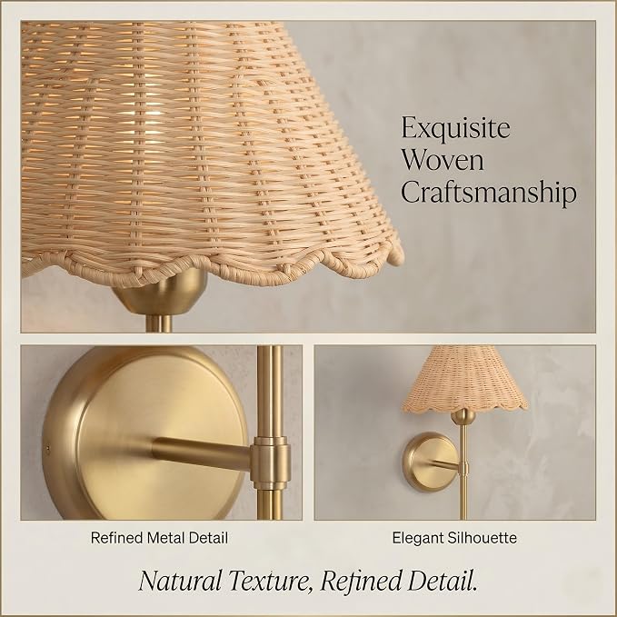 Rattan Wall Sconce Set of 2, Hardwired Boho Wall Sconces with Handwoven Rattan Shade, Gold Wall Lights for Bedroom, Bedside, Hallway, Living Room