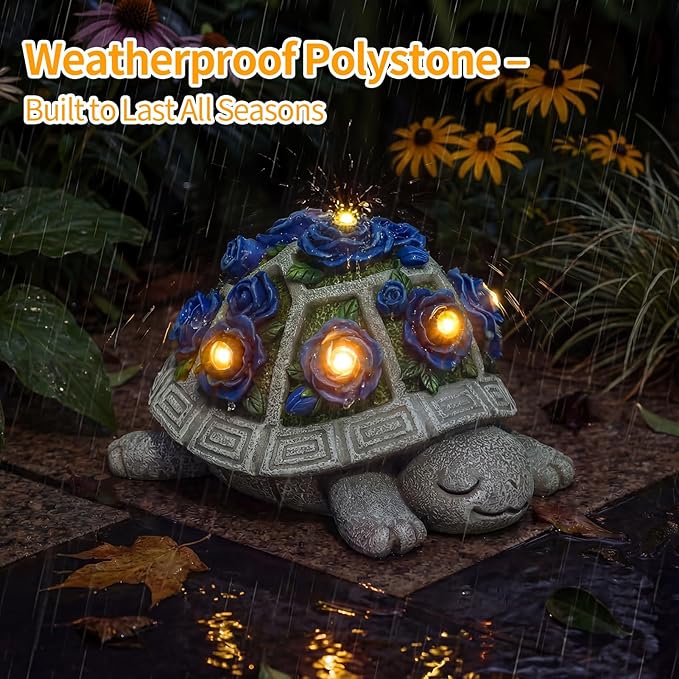 Solar Garden Outdoor Decor Turtle Statue with Dark Blue Roses & 7 LED Lights – Outside Tortoise Decor for Yard Patio Balcony & Backyard - Home House Decoration Art- Gift for Women Mom & Grandma