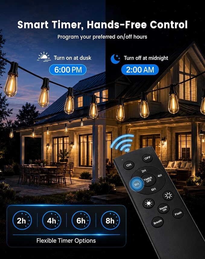 110FT(100+10) Outdoor String Lights, 2FT Spacing 50 LED Edison Bulbs, Waterproof, Shatterproof, Dimmable, Warm White, 3 Modes, Timer, Plug in Hanging Backyard Lights for Outside, Patio