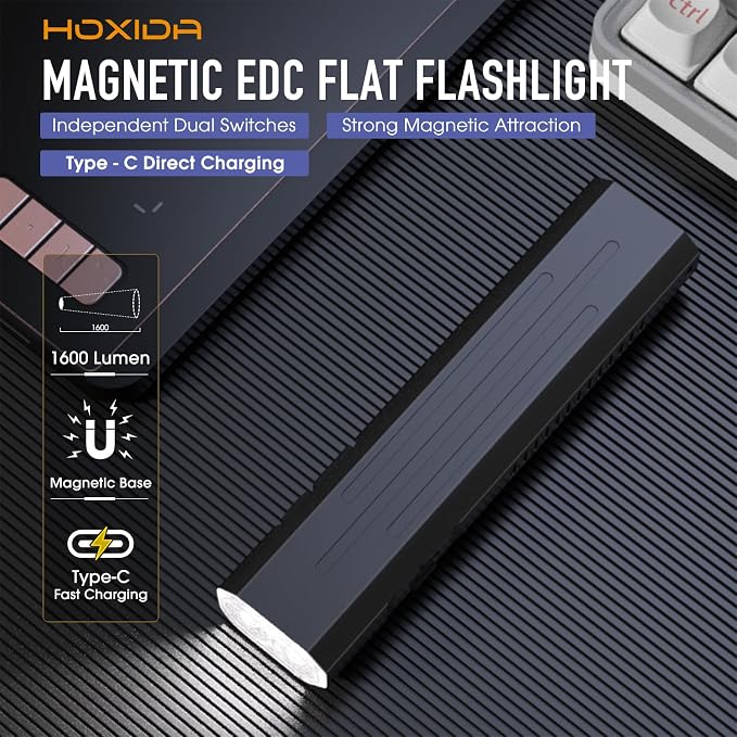 Hoxida Rechargeable EDC Flashlight High Lumens, Pocket Mini Flashlight with Tactical Strobe Button, Portable Magnetic Small EDC Flat Flashlight for Camping, Emergency,1pcs
