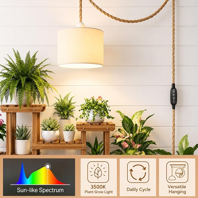 2 Pack Hanging Grow Light for Indoor Plants, Full Spectrum LED | with Timer, 3500K Decorative Hanging Lamp, 19.68FT Power Cord, For Living Room Bedroom Office Plant Shelf