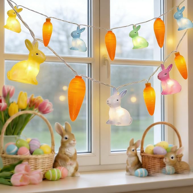 10 LED Bunny Carrot Camping String Lights, 8.5Ft Easter Decoration Outdoor | Shatterproof, Plug in Rabbit Lights Indoor, Connectable, Multicolor Fairy Lights for Party Garden Home Summer Decor for Kids