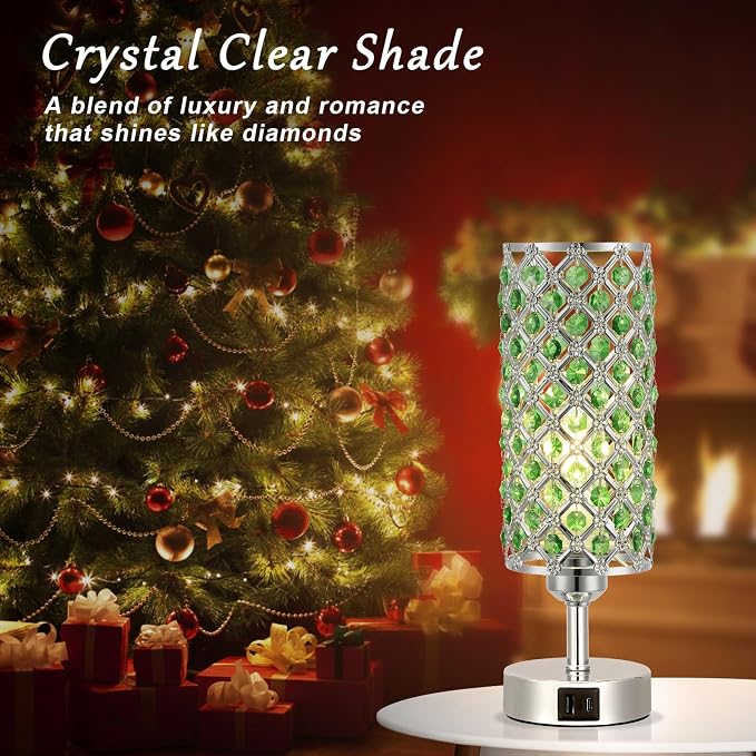 Hong-in Green Crystal Table Lamp - 3-Way Dimmable Touch Control, Bedside Lamp with USB C and A Ports, Nightstand Light for Living Room, Bedroom, Home Office (Bulb Included)