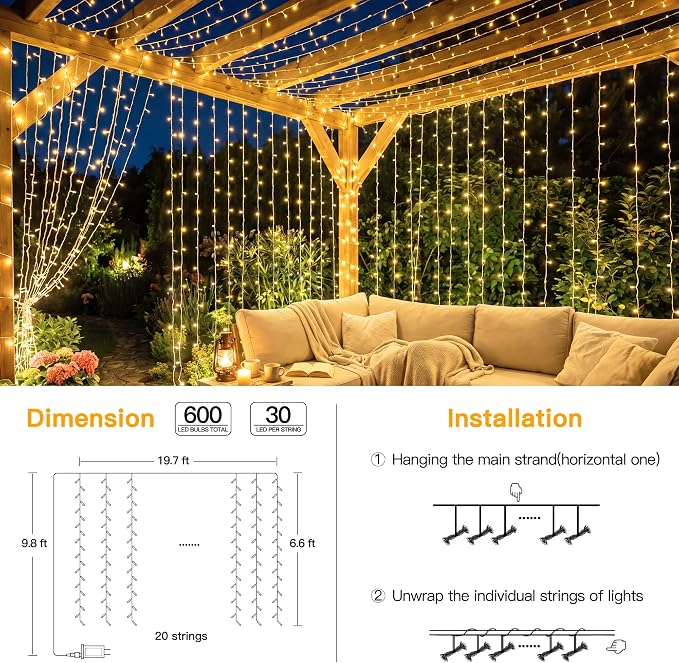 Ollny Curtain Lights 600 LED 19.7x9.8ft, Outdoor Waterproof String Lights for Backdrop, Fairy Light with Remote Timer 8 Modes, Plug in Christmas Light for Wall Wedding Patio Gazebo, Warm White