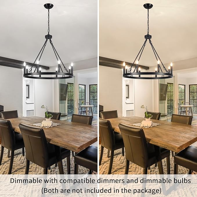LASENCHOO Round Black Wagon Wheel Chandelier Farmhouse for Dining Room Light Fixture 8 Lights Dia 23.6" Large Wrought Iron Black Chandeliers for High Ceilings Outdoor Entryway Foyer Living Room Porch