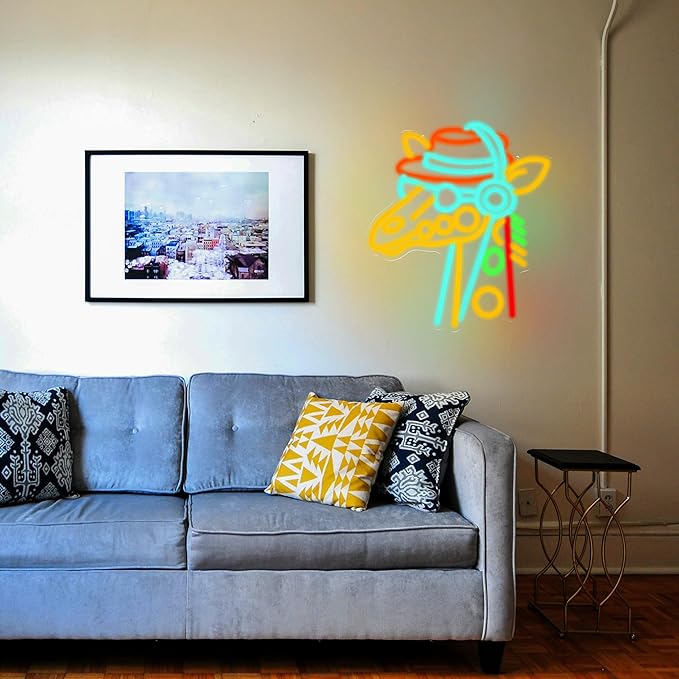 Giraffe Headset Neon Sign for Wall Decor Special Cowboy Hat Neon Light Colorful Animal Led Light Sign Dimmable Headset Light Up Sign for Bedroom Game Room Bar Club Zoo Party