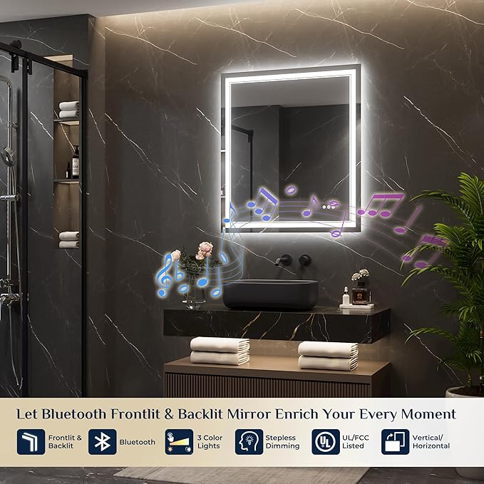 Keonjinn 32 x 36 Inch Lighted Mirrors for Bathroom Wall with Bluetooth Speaker, LED Mirror for Bathroom with Frontlit & Backlit, Tempered Glass, Dimmable 3 Colors Lights, Anti-Fog, Horizontal/Vertical
