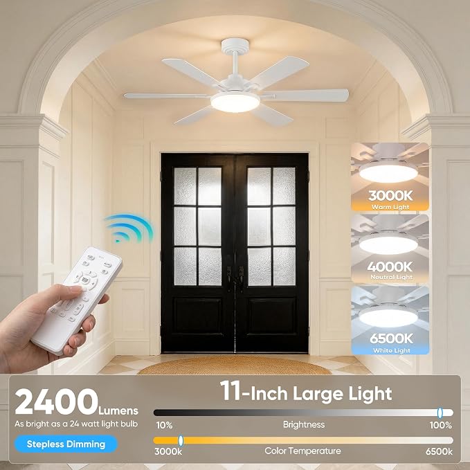 52'' Downrod Mount Ceiling Fans with Lights for Living Room, White | 6 Blades, 6 Speeds, MAX 5600 CFM, Remote&APP Control, 3CCT Dimmable LED, All Metal Body, Memory Function, Reversible DC Motor
