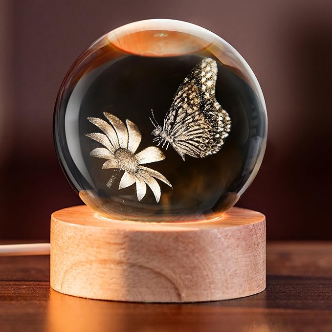 IFOLAINA Butterfly Crystal Ball Gifts Ideas for Girlfriend Wife Mom Couple Her Bithday Mothers Day 3D Butterfly on Sunflower Night Light Decorative Globes Room Decor