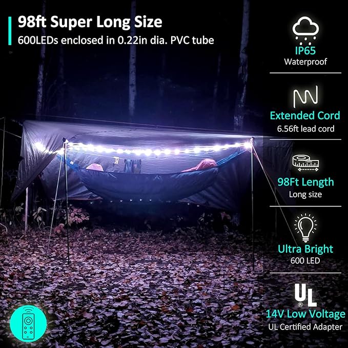 Rope Lights Outdoor, 98ft 600 LED Outdoor Plug in Rope Light, Waterproof String Lights for Garden, Tree, RV, Patio, Holiday Decor, Party, Christmas (Cool White)