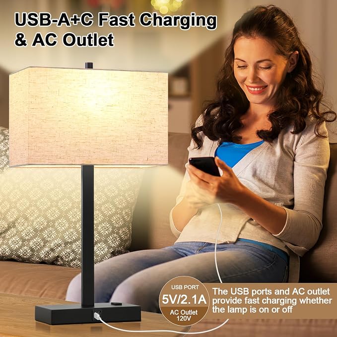 Lynnoland 21" Set of 2 Table lamp with USB A+C & AC Outlets, Touch Control 3-Way Dimmable Nightstand Lamps for Bedroom Living Room Office Reading, Linen Shade Touch Lamps, 3000K LED Bulbs Included