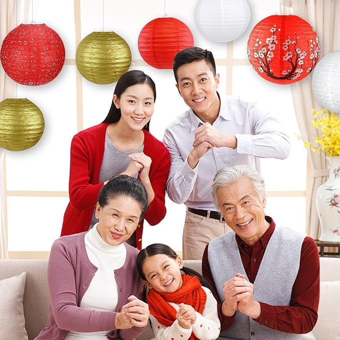 14Pcs Chinese Japanese Paper Lantern Assorted Sizes (8" 10" 12") Hanging Red White Gold Chinese Lanterns for Lunar New Year Chinese New Year Decorations 2026 Japanese Party Decorations
