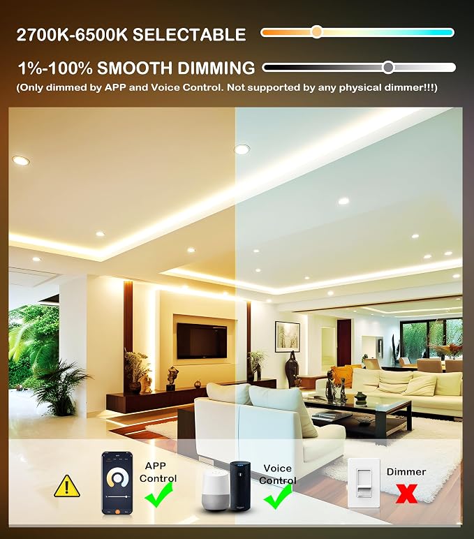 CLOUDY BAY [6 Pack] 4inch Smart WiFi LED Recessed Lights,RGBCW Color Changing Recessed Lighting,Compatible with Alexa and Google Home Assistant,10W 2700K-6500K,CRI90+ Wet Location,White Finish