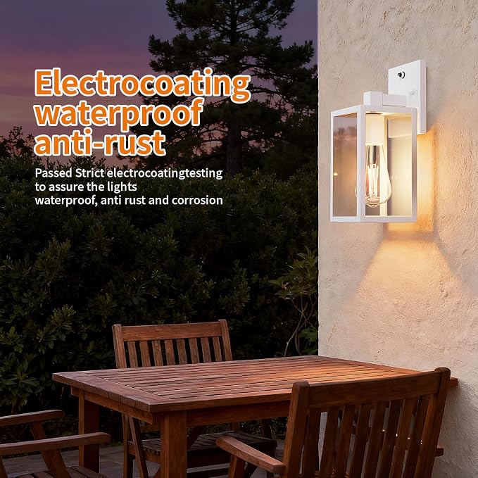 White Dusk to Dawn Outdoor Porch Lighting Fixtures Wall Mount, Sensor Exterior Wall Light for House, Ouside Lantern Lamp, Waterproof Wall Sconce Lights, Metal Coach Light for Garage Entryway