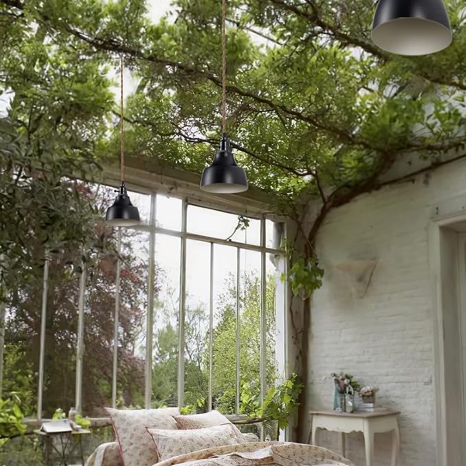 3 Light Plug in Pendant Light Cord 22FT Farmhouse Hanging Lamp | Industrial with Twisted Hemp Rope Independent Triple Switch Hanging Light Chandelier for Dining Room