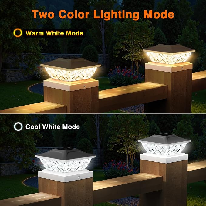 Solar Post Cap Lights Outdoor, 2 Modes Bright Solar Post Lights Outdoor Waterproof Fence Post Cap Lights, Outdoor Post Lights Solar Powered Deck Light for 4x4 4.5x4.5 5x5 Posts, 2 Pack