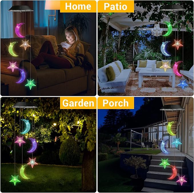 Toodour Solar Wind Chimes, Color Changing Wind Chimes Moon and Star | LED Decorative Mobile, Gift for Mom Grandma, Waterproof Outdoor Moon Star Light for Garden, Patio, Yard, Window Outdoor Decor