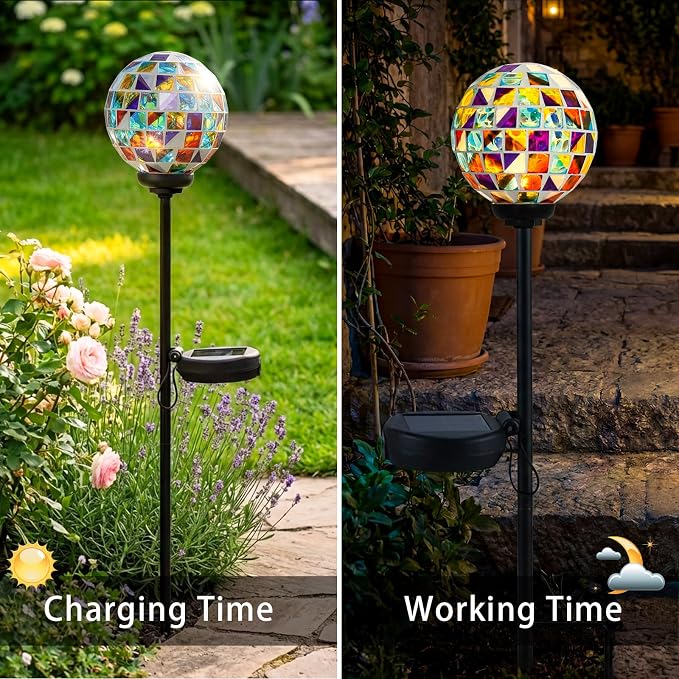 VCUTEKA Decorative Solar Garden Lights, 3.5" Mosaic Globe Outdoor Stake | Mosaic Glass Globe Design, Solar LED Light, Waterproof Design, Auto On/Off and Metal Stake Design for Lawn and Patio