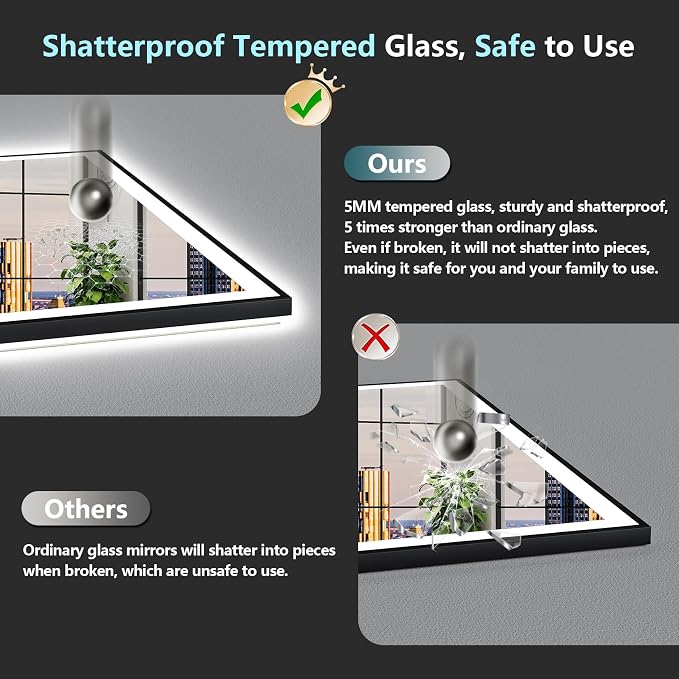 96x36 Black LED Bathroom Mirror, Backlit & Front Lit Lighted Mirror | Metal Framed Anti-Fog Vanity Mirror with Lights, 3 Color Dimmable, Memory, HD Tempered Glass, CRI95, UL Listed, Wall Mounted