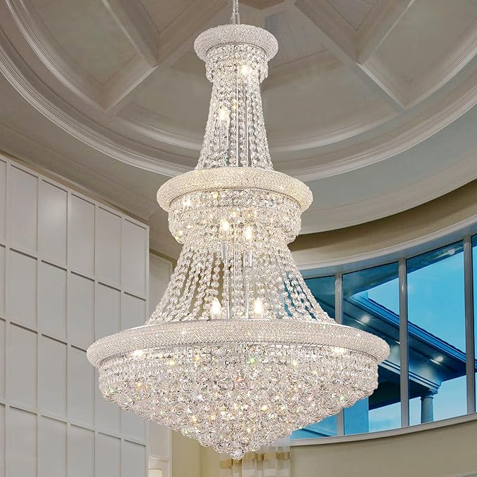 Large Crystal Chandelier Light fixtures - 19-Light High Ceiling Hanging Chandeliers, 3-Layers Luxury Empire Chandeliers for High Ceilings,Entryway,Living Room,Staircase, Foyer (D31.5)