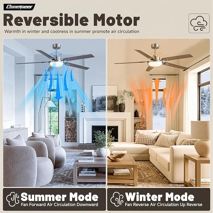 52 Inch Ceiling Fans with Lights and Remote, Bedroom Living Room Kitchen Office, 5CCT Dimmable,Dual Color 5 Blades, 6 Speed Reversible Quiet DC Motor, Double-Layer Lampshade, Sand-nickel/Wood Grain