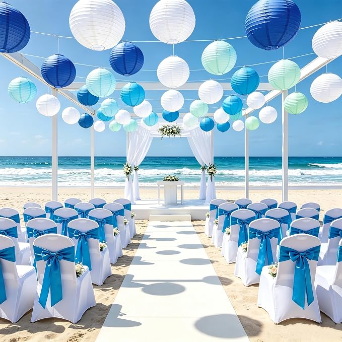 Qenk 12 Pcs Blue Paper Lanterns, 10" Paper Lanterns Party Decorations | Paper Lanterns Party Decorations for Classroom Party Wedding Birthday Valentine's Day