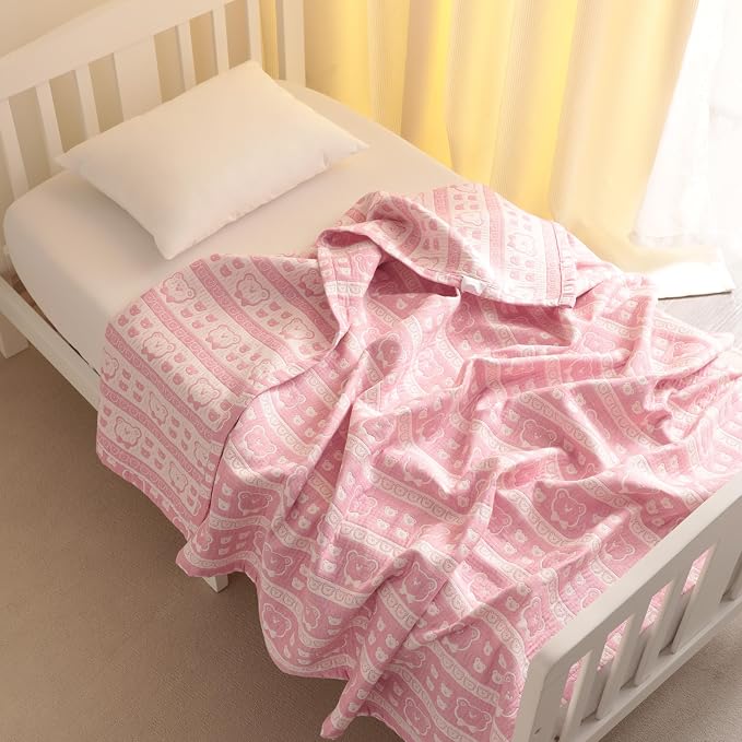 NTBAY 3 Layer Oversized Muslin Toddler Blanket, 45 x 60, Pink Bear | Muslin Cotton Outer Layers with Light Thermal Fiber Fill, Reversible Blanket for Daycare, Travel, Naps, and Supervised Use