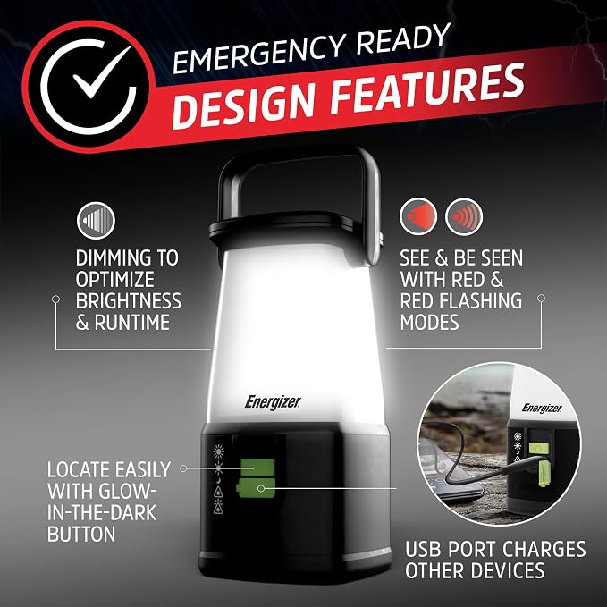 Energizer WeatherReady LED Emergency Lantern, Water Resistant, Multiple Light Modes, USB Charging Output, Great for Camping, Storms, and Power Outages, 1200 Lumens