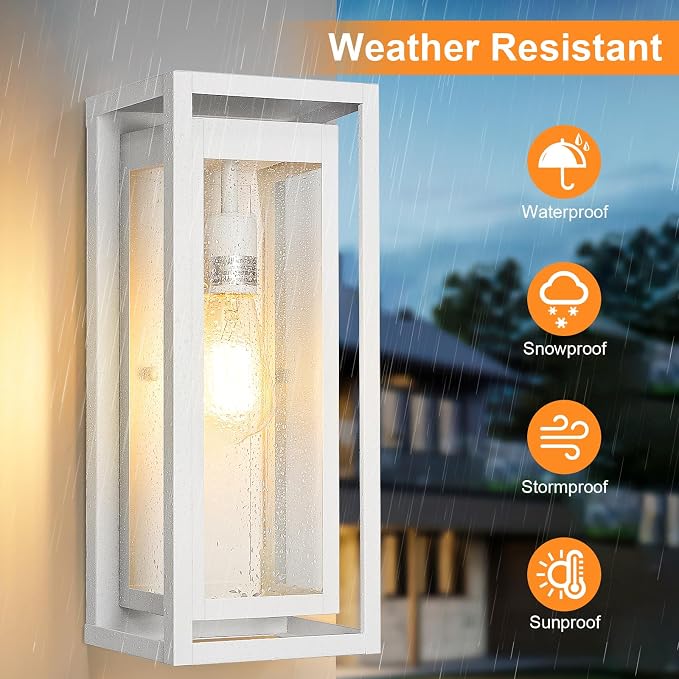 15" Outdoor Wall Lights, White Exterior Lighting Fixtures, 2 Pack | Large Size, Anti-Rust, Waterproof, Tempered Glass, Easy Installation, Modern & Classic Outdoor Sconces for House Porch Garage